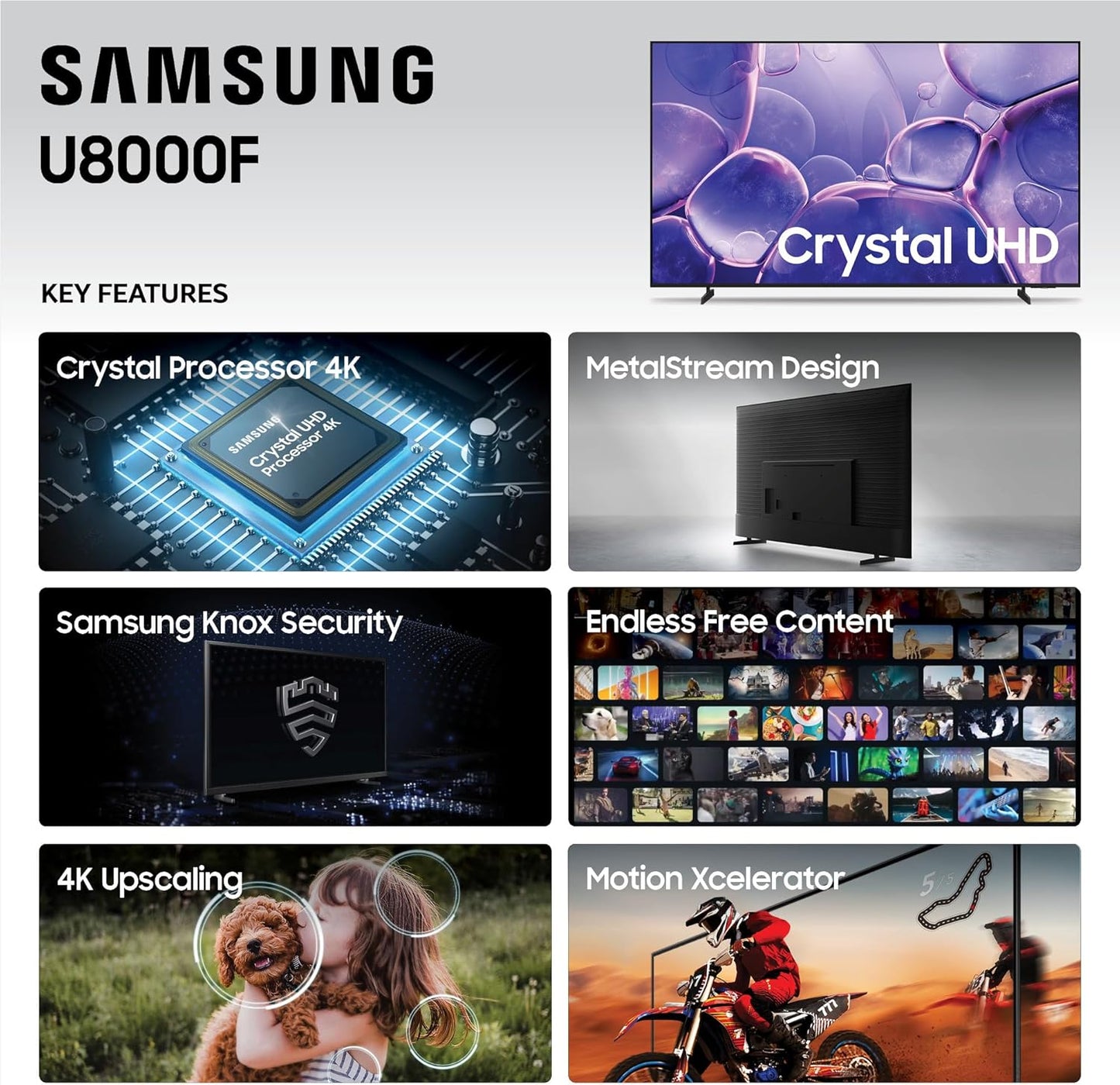 Samsung 55-Inch Class Crystal UHD U8000F 4K Smart TV (2025 Model) Endless Free Content, Crystal Processor 4K, MetalStream Design, Knox Security, Compatible with Alexa