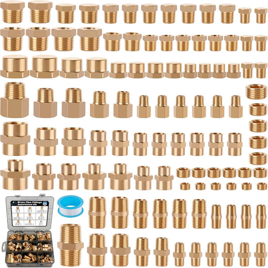 106PCS Brass Pipe Fittings Assortment Kit NPT Extension Adapter,Reducer Bushing,Hex Nipple,Close Nipple,Reducing Hex Coupling,Hex Head Plugs,Hex head Cap,Socket Plug Kit