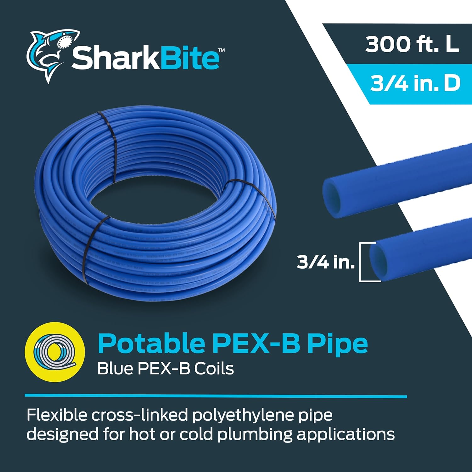 SharkBite 3/4 Inch x 300 Feet Blue PEX-B, Made in the USA, Flexible Water Pipe Tubing for Plumbing, U870B300