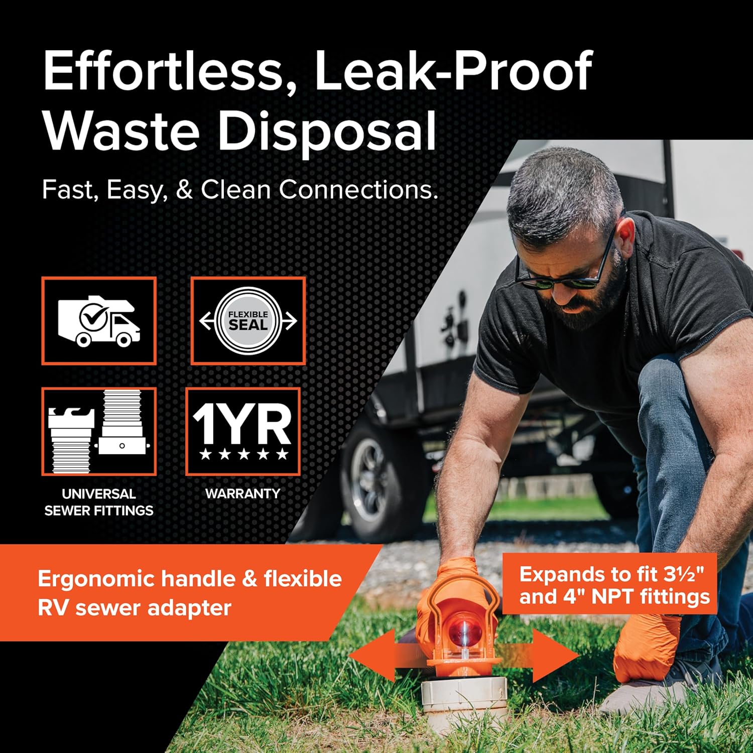 Camco Rhino RV Sewer Adapter PRO - Clear Sewer Hose Elbow with Drain Lock Adapter - Includes Ergonomic Handle & Flexible Adapter (39730)