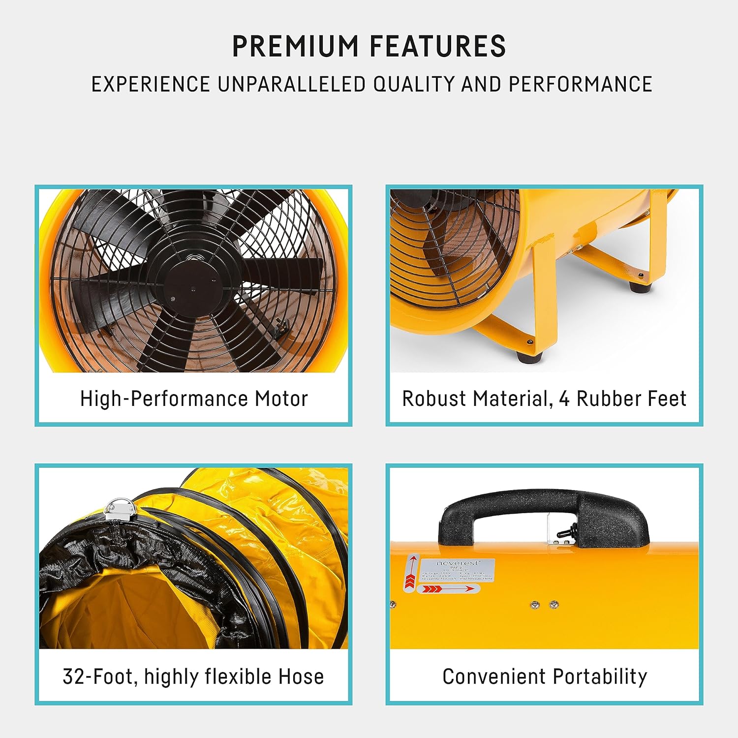 neverest® 12-Inch Industrial Blower Fan, High-Powered 4100 CFM Portable Blower/Exhaust Fan with 32ft Flexible Hose, 7ft Cable/Plug, Heavy-Duty Exhaust Fan for Construction, Workshops
