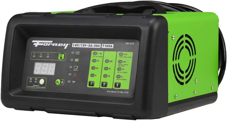 Forney 52750 Battery Charger, 6-Volts at 2, 10 and 20 Amps and 12-Volts at 2, 10, 20 and 100 Amps Start, black/green