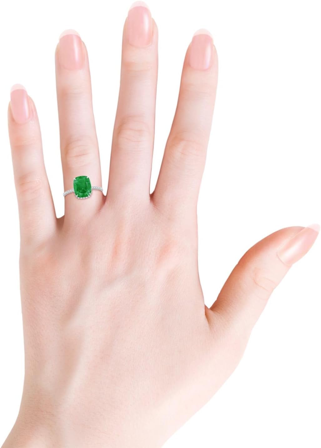 Angara Natural Emerald Ring for Women | Thin Shank Cushion Emerald Ring with Diamond Accents in 14K Solid Gold | May Birthday, Anniversary, Gemstone Jewellery Gift