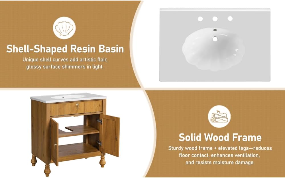 30-Inch Walnut Bathroom Vanity with Shell-Shaped Sink, Flip-Up Storage & Soft-Close Doors, 2 Tier Storage Cabinet, Ample Capacity,Modern Farmhouse Design – Small & Medium Bathrooms