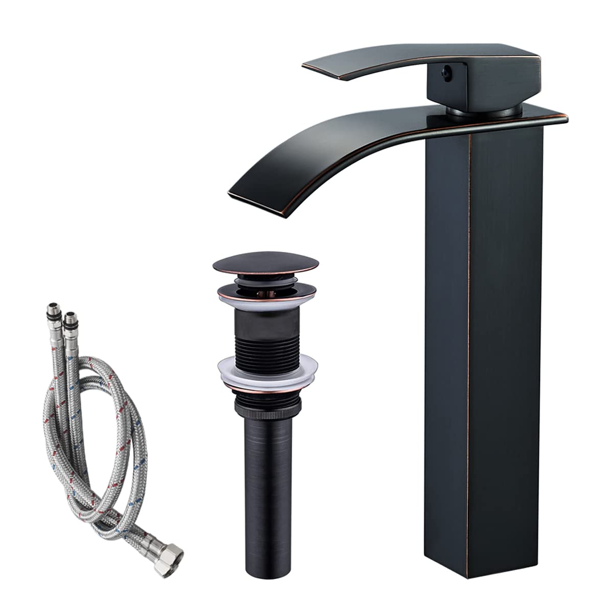 VOTON Black Bathroom Faucets Modern Waterfall Bathroom Sink Faucet Matte Black Single Handle Bathroom Faucet for 1 or 3 Holes with Deck Plate and Pop-Up Drain, Rv Sink Camper Farmhouse Bathroom Faucet