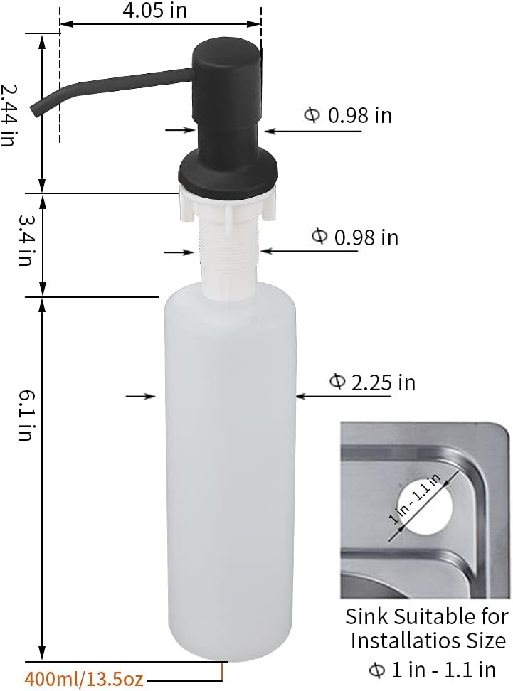 Soap Dispenser for Kitchen Sink Matte Black, Refill from The Top, Stainless Steel Built in Sink Soap Dispenser with Large 13.5 Ounce Bottle 2309R