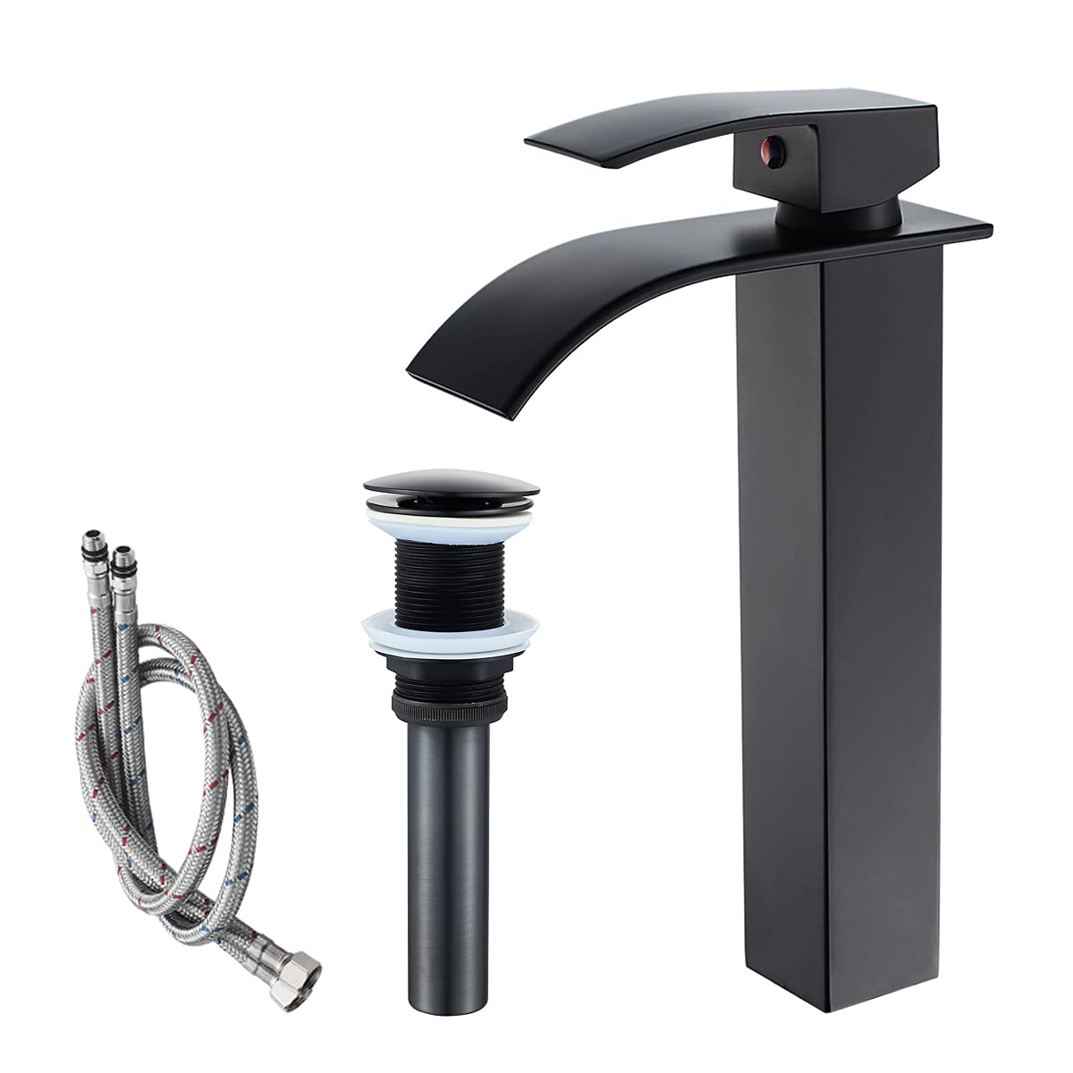 VOTON Black Bathroom Faucets Modern Waterfall Bathroom Sink Faucet Matte Black Single Handle Bathroom Faucet for 1 or 3 Holes with Deck Plate and Pop-Up Drain, Rv Sink Camper Farmhouse Bathroom Faucet