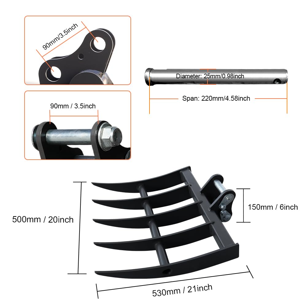 Mini Excavator Rake for 1-1.8 Ton Machines - Heavy-Duty Attachment with Pins for Soil Cultivation & Landscaping
