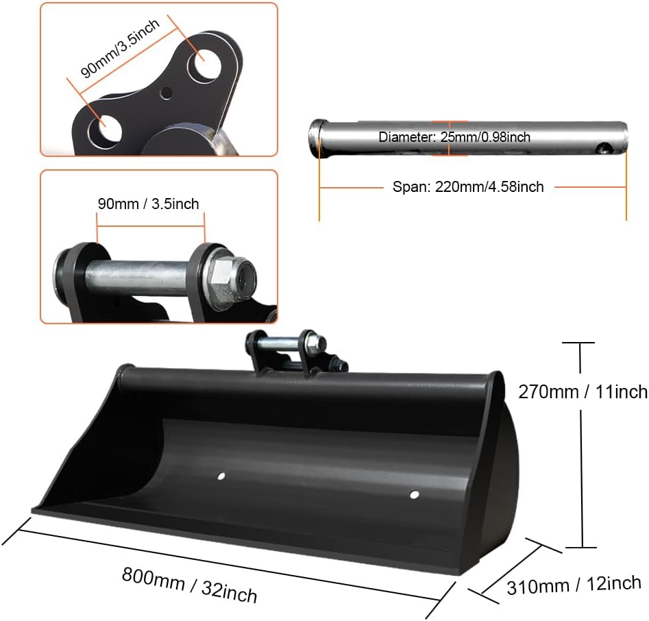 800mm Toothless Bucket with Pins – Heavy-Duty Attachment for 1-1.8 Ton Mini Excavator.in-Stock in The US