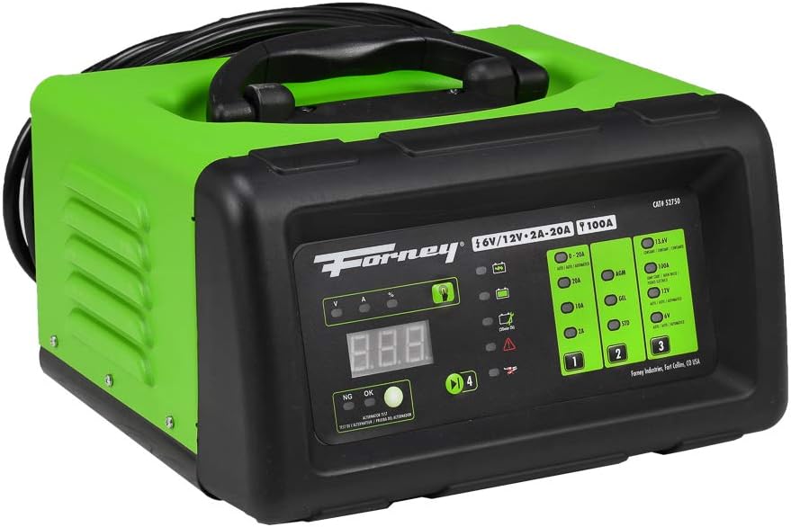 Forney 52750 Battery Charger, 6-Volts at 2, 10 and 20 Amps and 12-Volts at 2, 10, 20 and 100 Amps Start, black/green