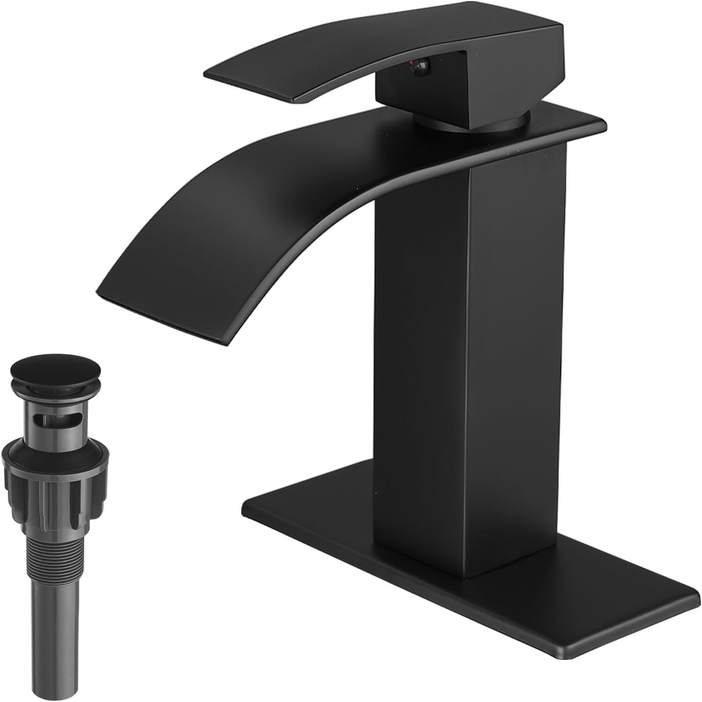 VOTON Black Bathroom Faucets Modern Waterfall Bathroom Sink Faucet Matte Black Single Handle Bathroom Faucet for 1 or 3 Holes with Deck Plate and Pop-Up Drain, Rv Sink Camper Farmhouse Bathroom Faucet