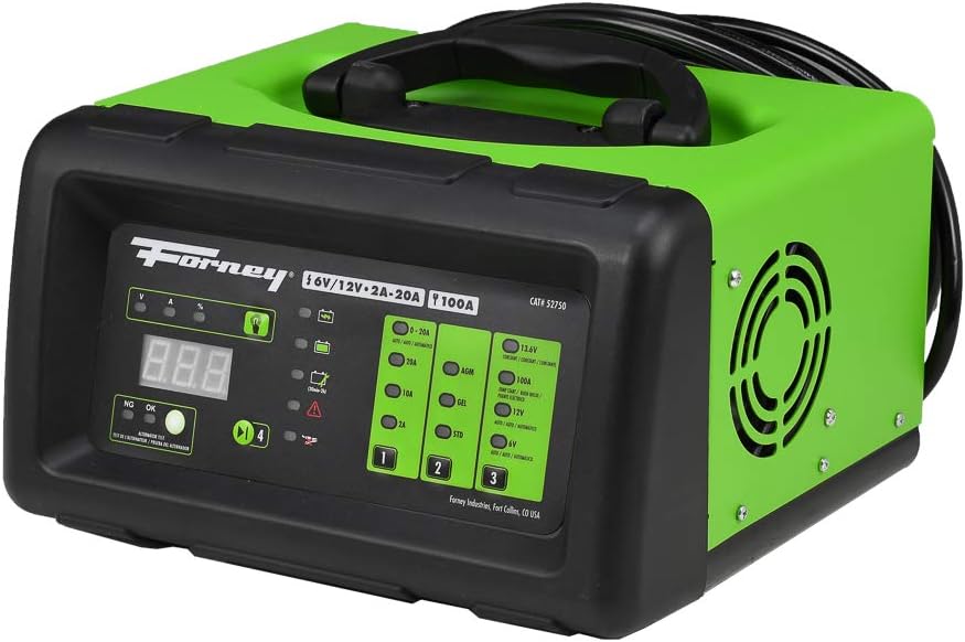 Forney 52750 Battery Charger, 6-Volts at 2, 10 and 20 Amps and 12-Volts at 2, 10, 20 and 100 Amps Start, black/green