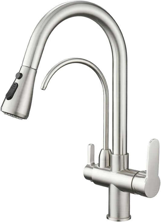 WANFAN Kitchen Sink Faucet with Pull Down Sprayer 2 Handle 3 in 1 Water Filter Purifier Faucets Brushed Nickel 0195SN
