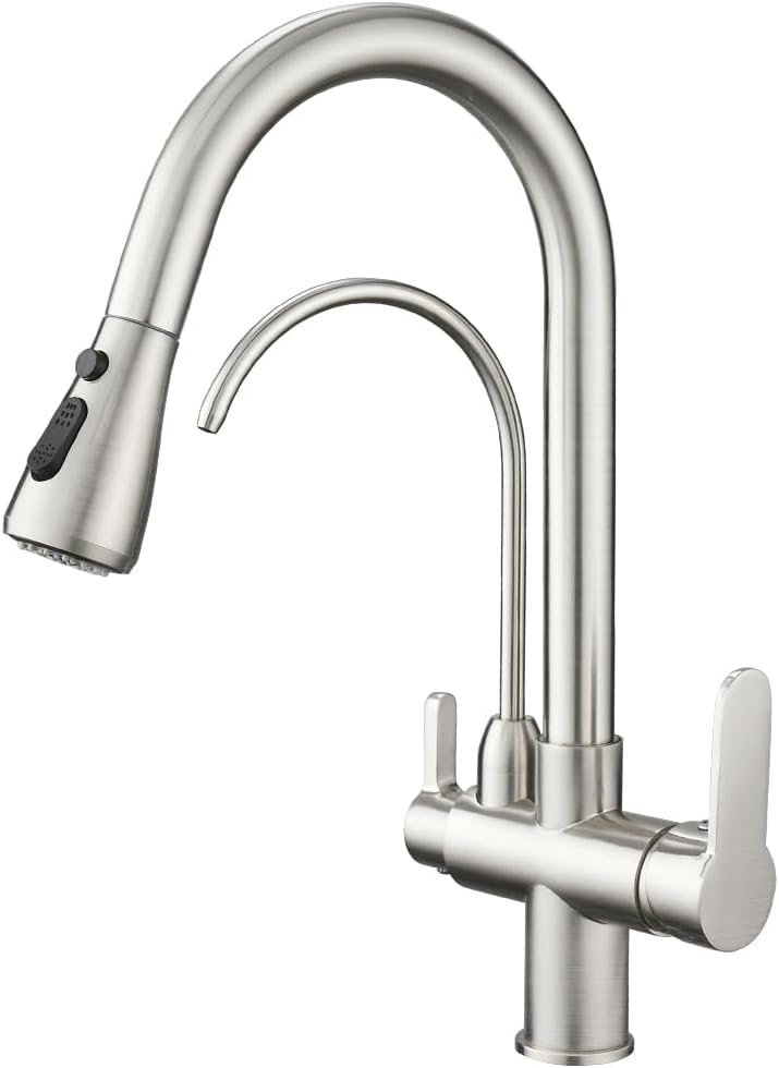 WANFAN Kitchen Sink Faucet with Pull Down Sprayer 2 Handle 3 in 1 Water Filter Purifier Faucets Brushed Nickel 0195SN