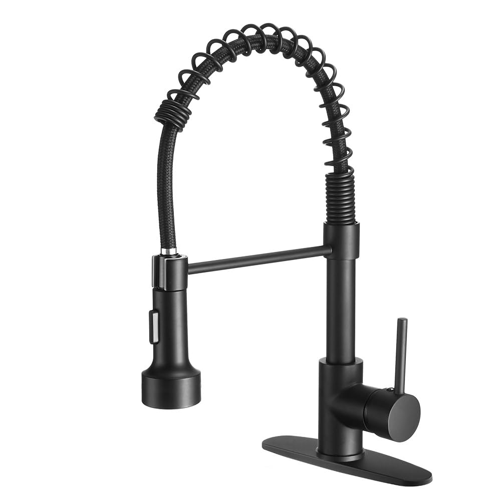 OWOFAN Black Kitchen Faucet with Pull Down Sprayer Stainless Steel Single Handle Pull Out Spring Sink Faucets 1 Hole Or 3 Hole Dual Function for Farmhouse Camper Laundry Utility Rv Wet Bar