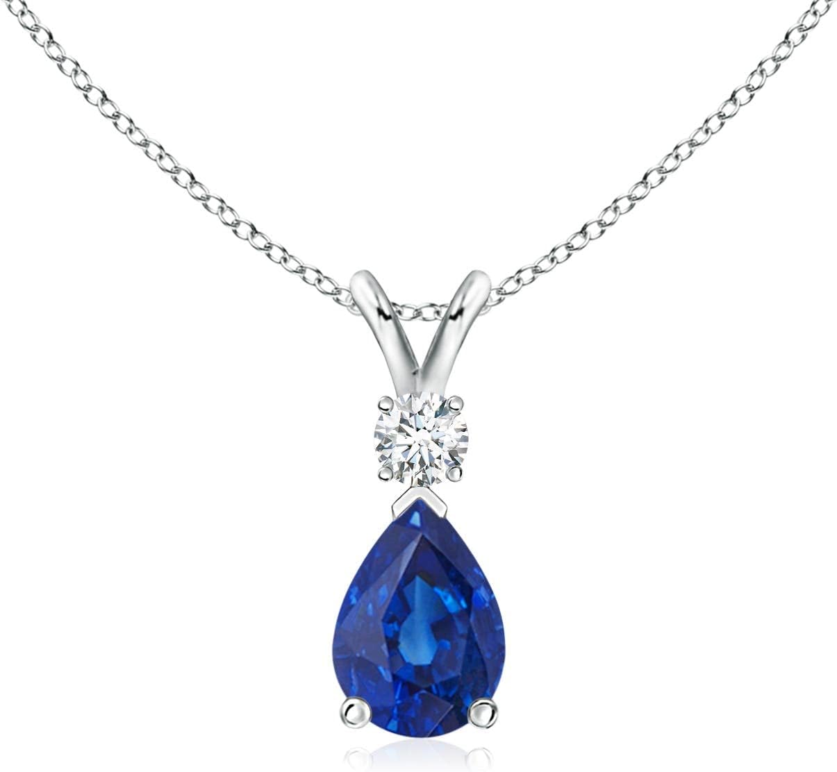 Angara Natural Blue Sapphire Solitaire Pendant for Women | Pear Shape Blue Sapphire Diamond Necklace in 14K Solid Gold/Silver/Platinum With 18" Chain | September Birthday, Gemstone Jewelry Gift