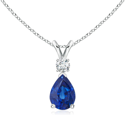 Angara Natural Blue Sapphire Solitaire Pendant for Women | Pear Shape Blue Sapphire Diamond Necklace in 14K Solid Gold/Silver/Platinum With 18" Chain | September Birthday, Gemstone Jewelry Gift