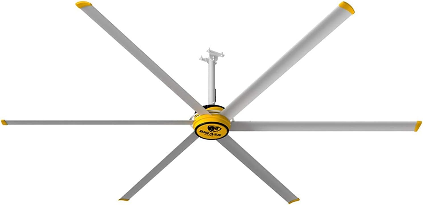 Big Ass Fans E Series 12 ft Industrial 6 Blade Ceiling Fan Gearless Direct Drive Motor, High Volume Low Speed, Wired Wall Remote, 110-125V/1ph - Silver/Yellow