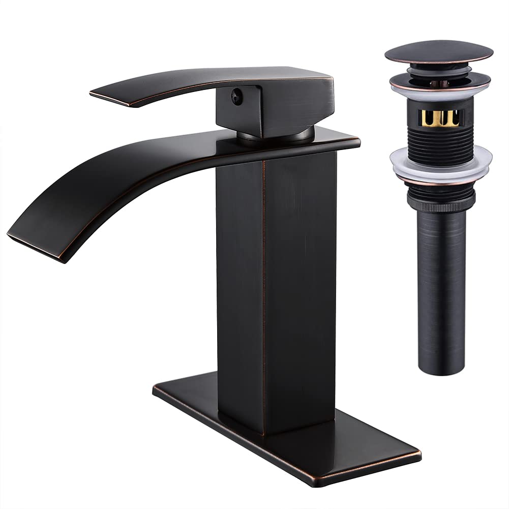 VOTON Black Bathroom Faucets Modern Waterfall Bathroom Sink Faucet Matte Black Single Handle Bathroom Faucet for 1 or 3 Holes with Deck Plate and Pop-Up Drain, Rv Sink Camper Farmhouse Bathroom Faucet
