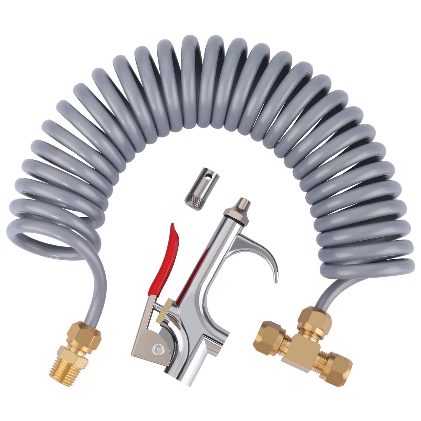 Heavy Duty Truck Air Duster Blow Gun Cleaning with 9 Meter Long Coil and 2 interchangeable nozzle tips- Red Air Seat Blow Gun Kit