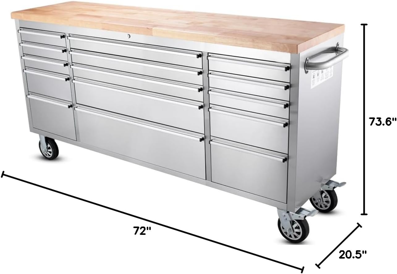 72 inch Tool Chest with 15 Drawers for Garage, Workbench and Repair Store, Tool Cabinet in Stainless Steel (72 inch - Stainless Steel)
