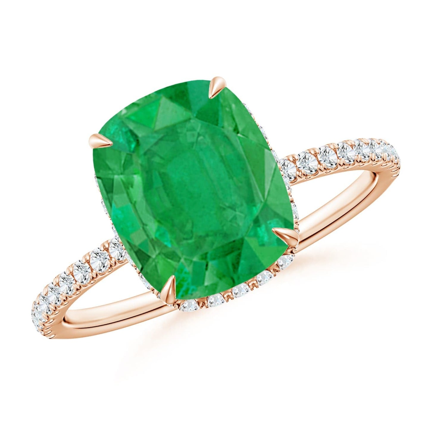 Angara Natural Emerald Ring for Women | Thin Shank Cushion Emerald Ring with Diamond Accents in 14K Solid Gold | May Birthday, Anniversary, Gemstone Jewellery Gift