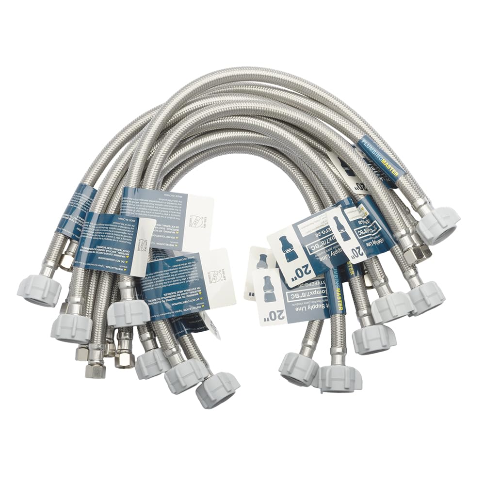 (6pcs 20 inch) PLUMBINGMASTER Toilet Water Supply Line,3/8" Comp x 7/8" BC Braided Stainless Steel Toilet Supply Line,Toilet Connector Hose with Anti-Leaking Brass Nut
