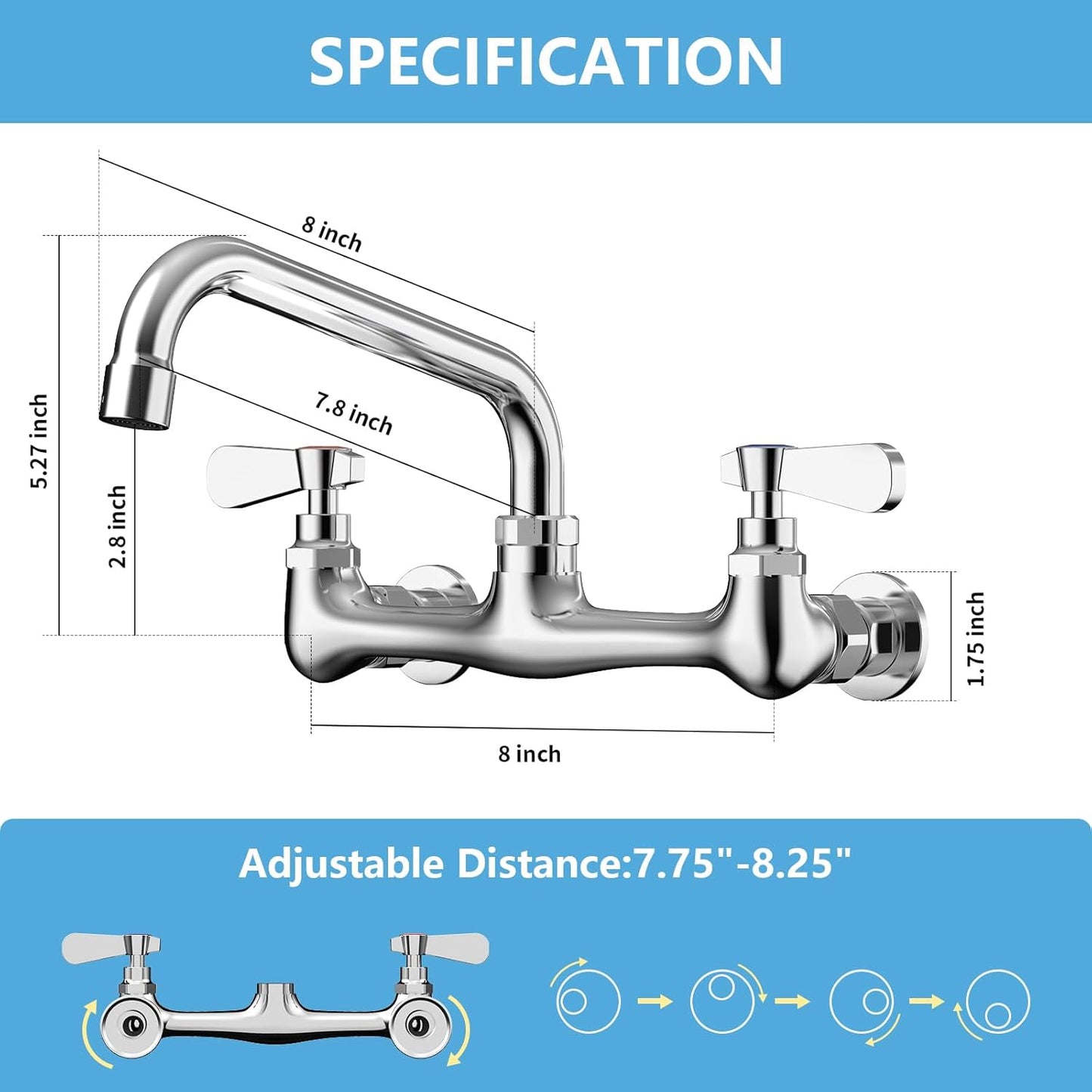 Kitchen Faucet Wall Mount Commercial Sink Faucet Kitchen Utility Laundry 8“ Swivel Spout 2 Dual Handle Restaurant Chrome Mixer Tap