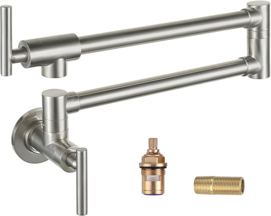 OWOFAN Pot Filler Faucet Matte Brushed Nickel Commercial Wall Mount Stove Faucet Stainless Steel Pot Filler Folding Faucet Over Stove Kitchen Pot Faucet with Double Joint Swing Arms