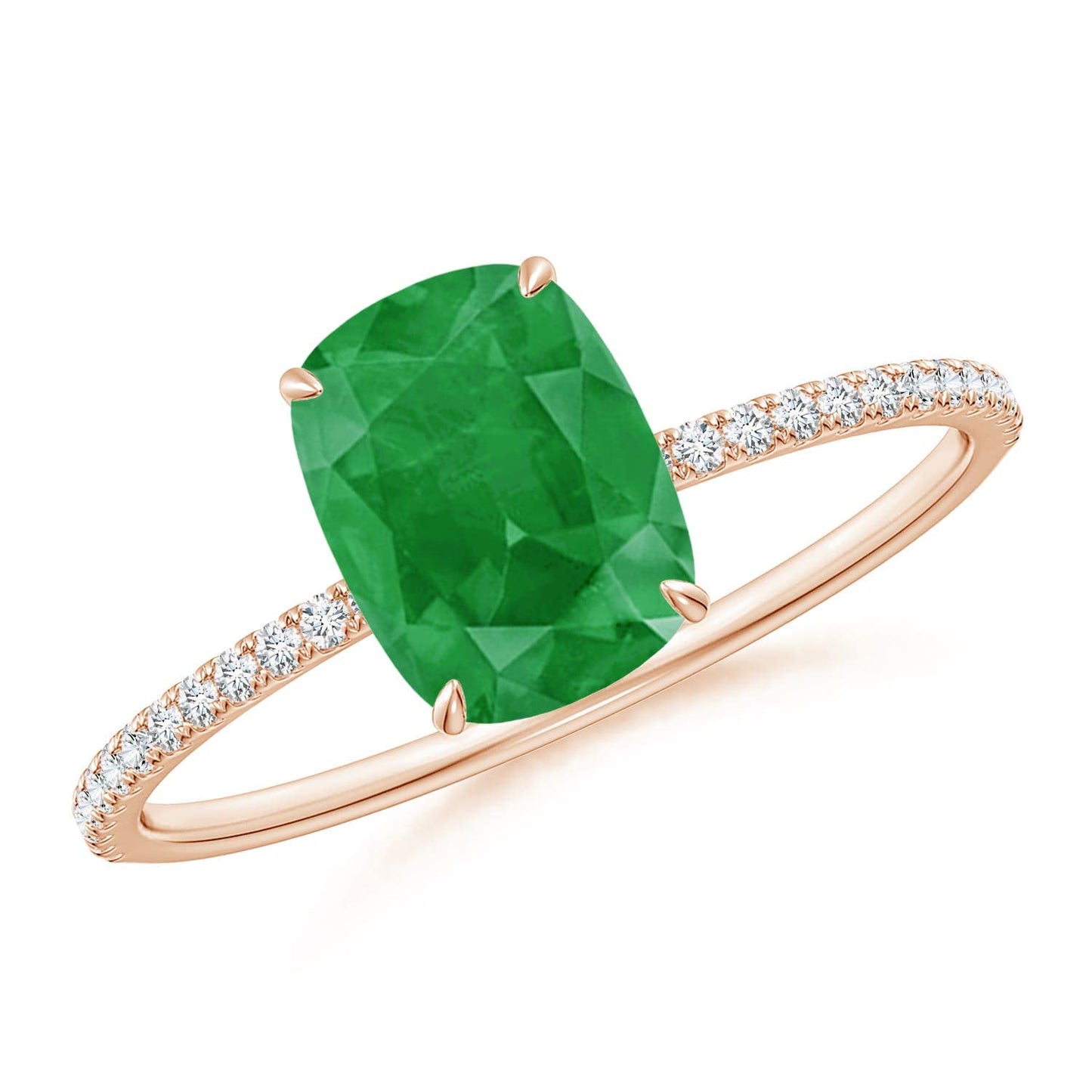Angara Natural Emerald Ring for Women | Thin Shank Cushion Emerald Ring with Diamond Accents in 14K Solid Gold | May Birthday, Anniversary, Gemstone Jewellery Gift
