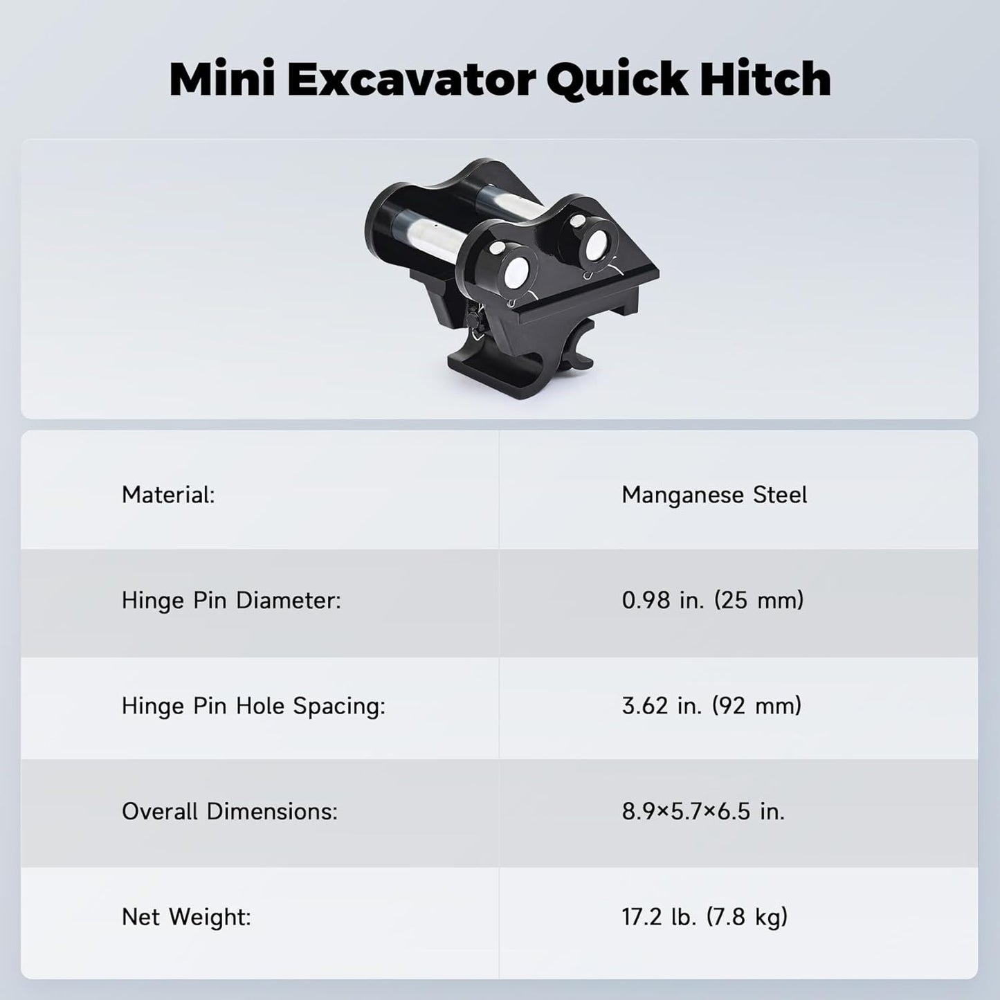 AHM Mini Excavator Quick Change Hitch Attachment, Quick Hook Coupler for Excavators up to 2 Tons, Quick Connector with 3.62" (92 mm) Span, 0.98" (25 mm) Hole Diameter, 3.35" (85 mm) Center Wheelbase