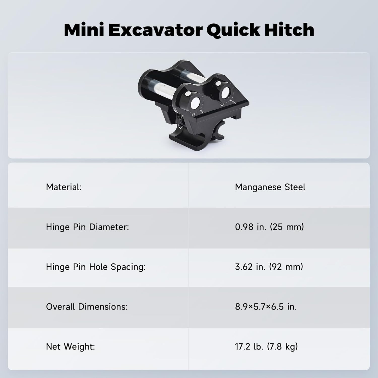 AHM Mini Excavator Quick Change Hitch Attachment, Quick Hook Coupler for Excavators up to 2 Tons, Quick Connector with 3.62" (92 mm) Span, 0.98" (25 mm) Hole Diameter, 3.35" (85 mm) Center Wheelbase