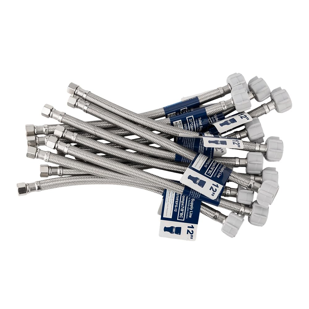 (6pcs 20 inch) PLUMBINGMASTER Toilet Water Supply Line,3/8" Comp x 7/8" BC Braided Stainless Steel Toilet Supply Line,Toilet Connector Hose with Anti-Leaking Brass Nut