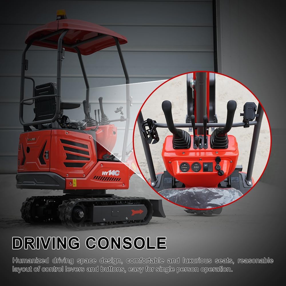 HY14C 1.4 Ton Mini Excavator w/Side Swing Boom, Semi-Auto Quick Coupler & Hydraulic Thumb for Tight Space Construction, Landscaping, Farming 13.5HP B&S Engine, Includes delivery & unloading services