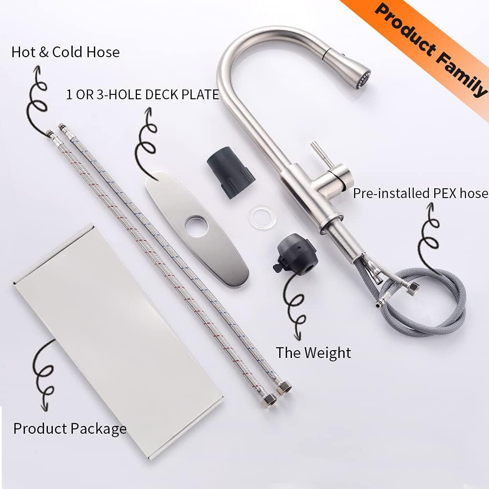 OWOFAN Brushed Nickel Kitchen Faucets Pull Down Sprayer Kitchen Sink Faucet Pull Out Sprayer 1 Hole 1 Handle Stainless Steel 68R-866068SN