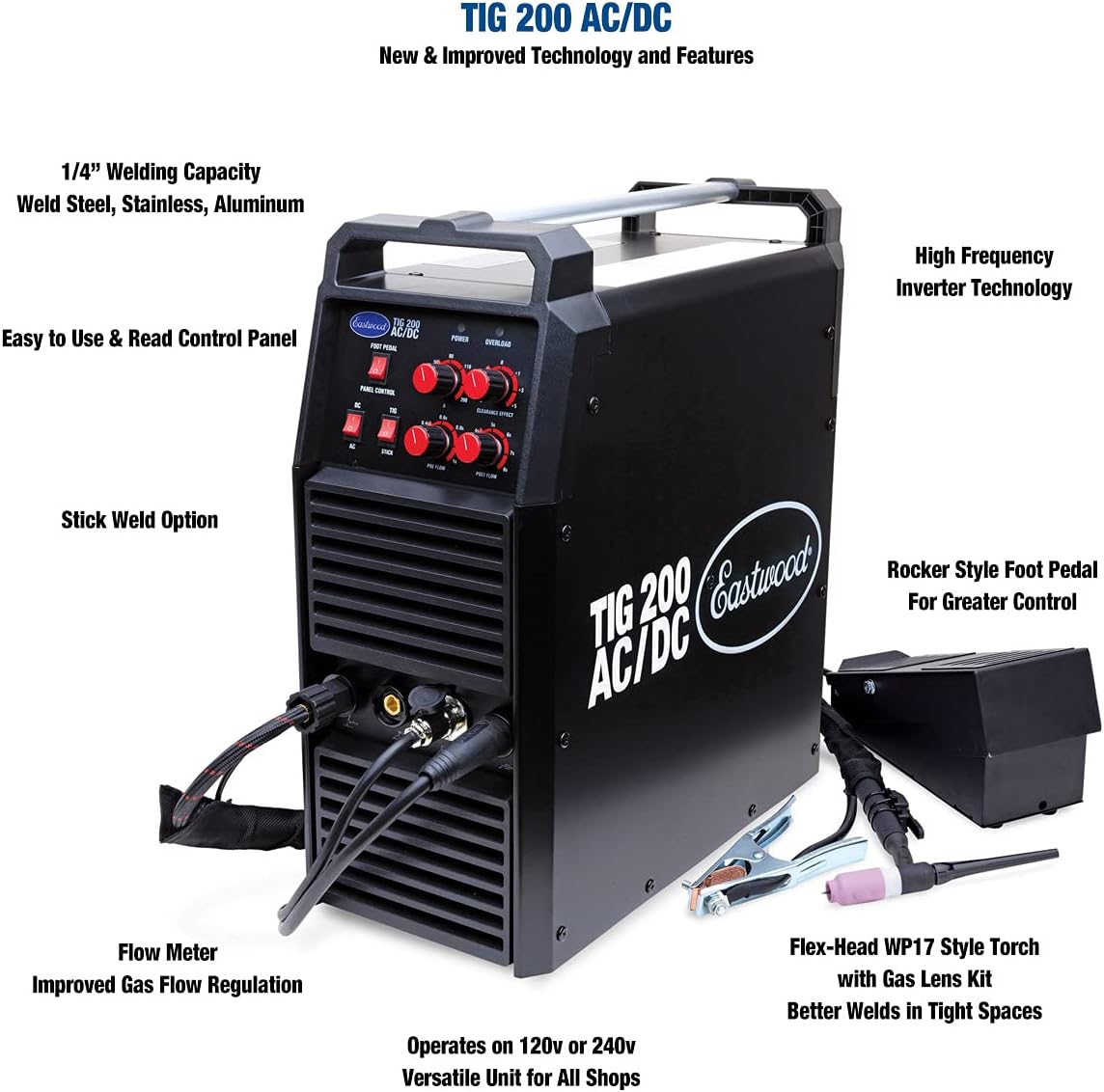 Eastwood 200 Amp AC/DC TIG Welder for Welding Steel Aluminum and Cart