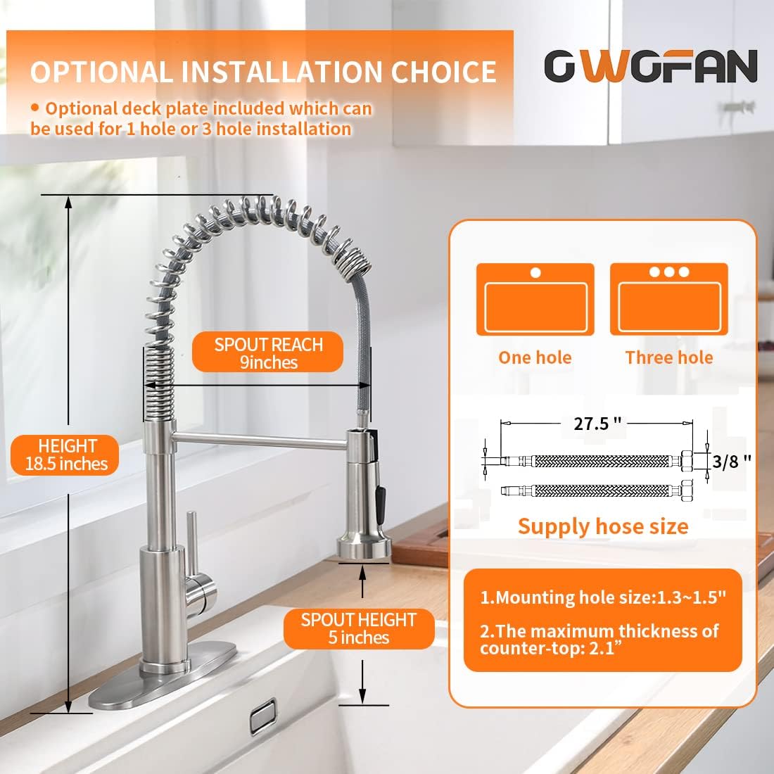 OWOFAN Kitchen Faucet with Pull Down Sprayer Brushed Nickel Stainless Steel 1 Handle Pull Out Spring Sink Faucets 1 Hole Or 3 Hole Dual Function for Farmhouse Camper Laundry Utility Rv Wet Bar