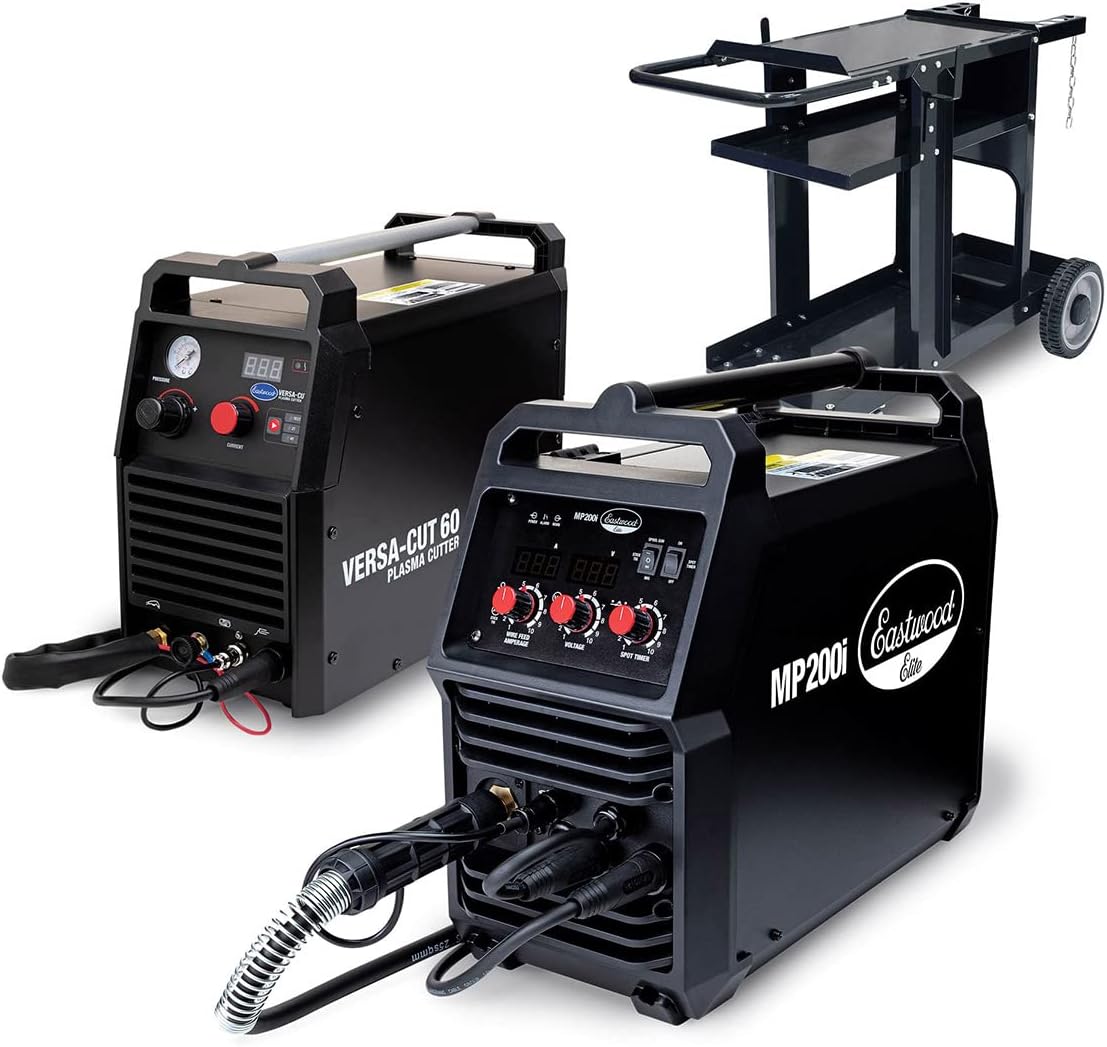 Eastwood 200 Amp Multi-Process Welder and 60 Amp Versa-Cut Plasma Cutter plus Welding Cart