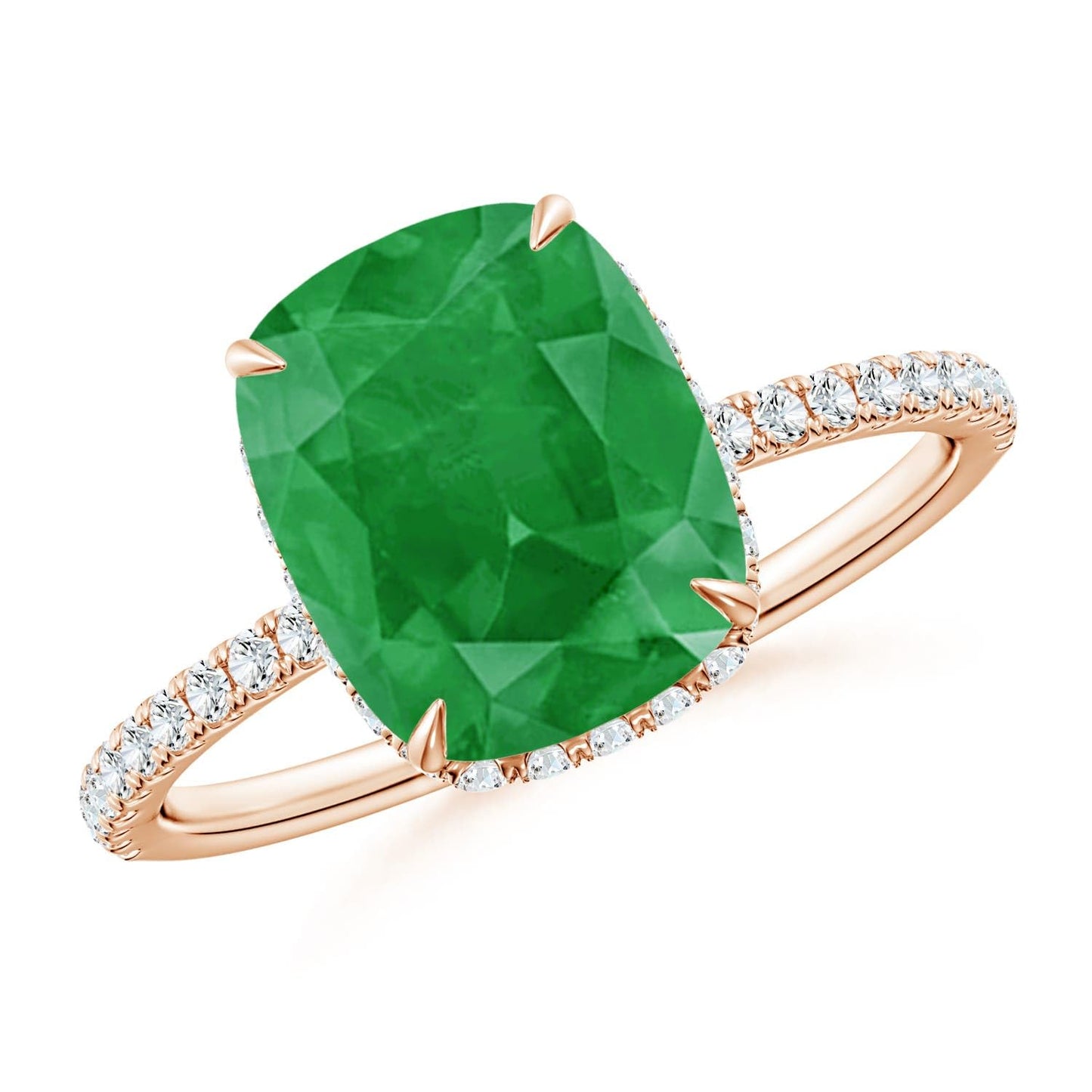 Angara Natural Emerald Ring for Women | Thin Shank Cushion Emerald Ring with Diamond Accents in 14K Solid Gold | May Birthday, Anniversary, Gemstone Jewellery Gift