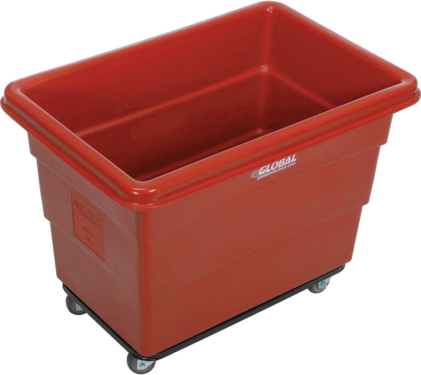 Global Industrial 8 Bushel Plastic Bulk Box Truck, Steel Chassis Base, 800 lbs. Capacity, 3" Non-Maring Rubber Casters, Red, 33-3/10"L x 24-3/5"W x 27-2/5"H