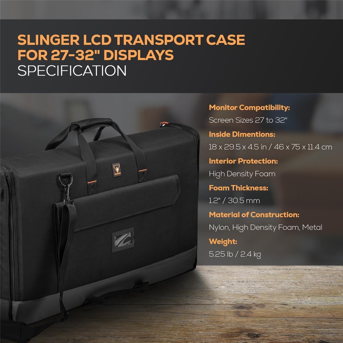 SLINGER Foldable Padded Nylon Tote Carrying Case - LCD Transport Case for Displays, Computers, Monitors & TVs Between 27" - 32" - Water Resistant - Shoulder Strap & Handle Options