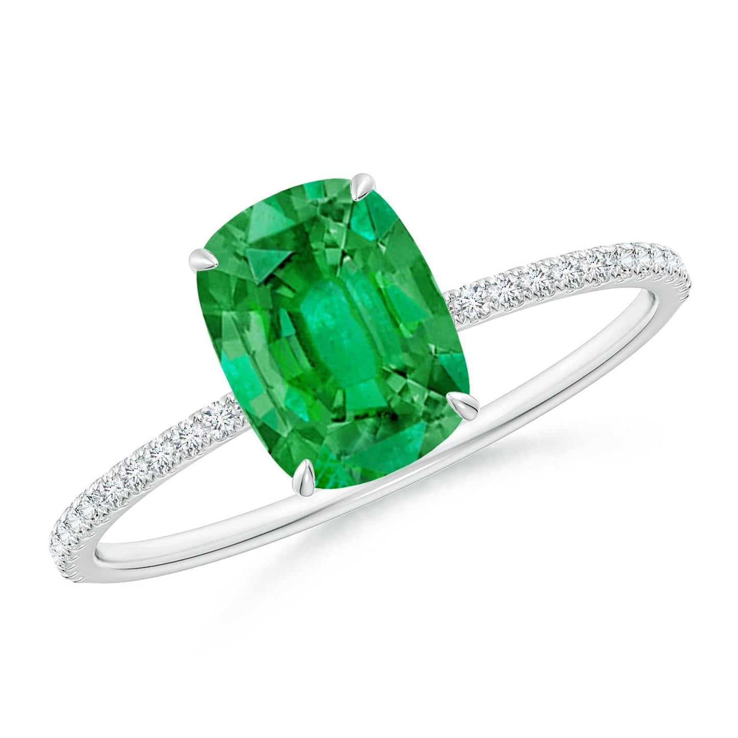 Angara Natural Emerald Ring for Women | Thin Shank Cushion Emerald Ring with Diamond Accents in 14K Solid Gold | May Birthday, Anniversary, Gemstone Jewellery Gift