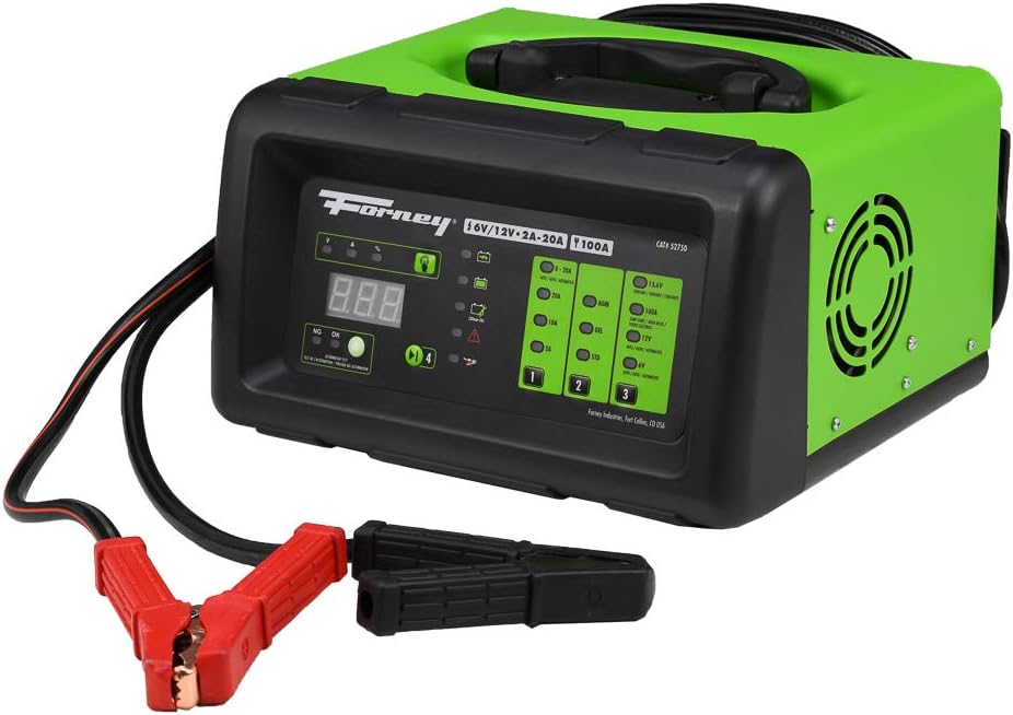 Forney 52750 Battery Charger, 6-Volts at 2, 10 and 20 Amps and 12-Volts at 2, 10, 20 and 100 Amps Start, black/green