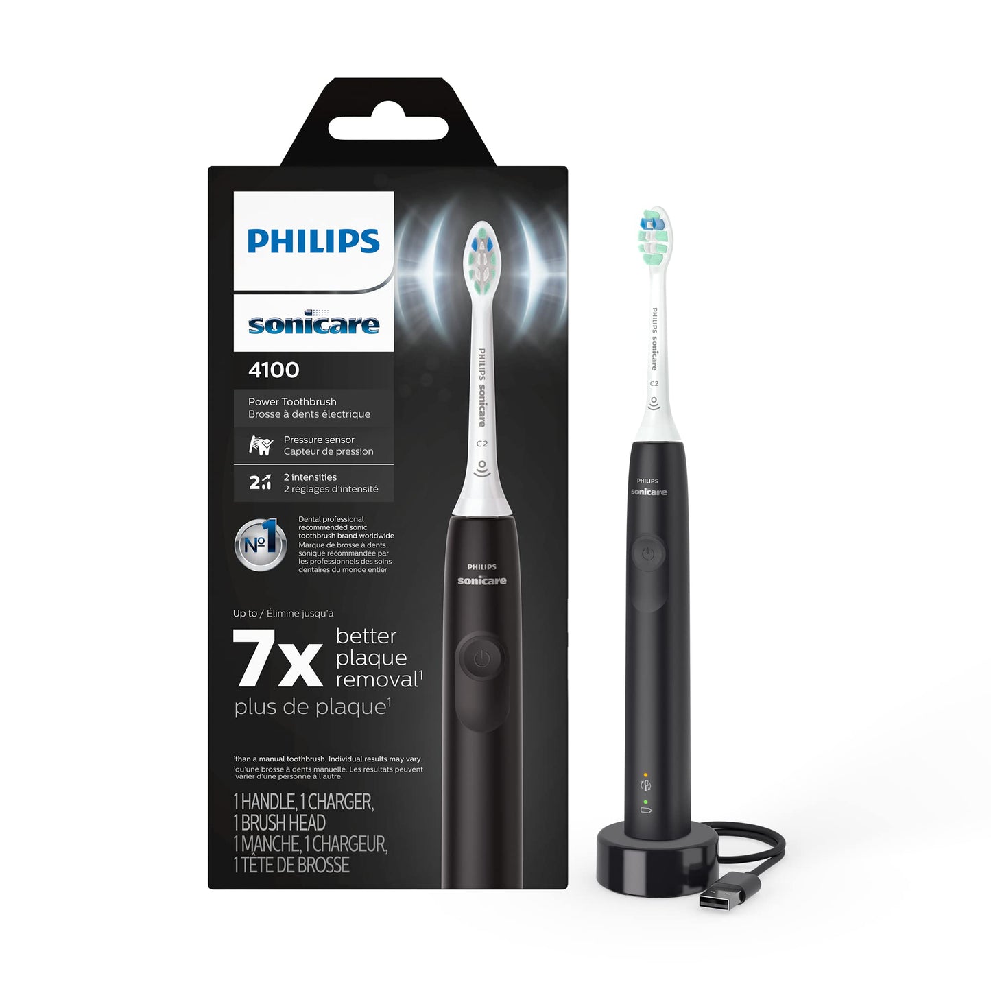 Philips Sonicare 4100 Rechargeable Electric Toothbrush, with Pressure Sensor, 2 Intensity Settings, SmarTimer and QuadPacer, 14-Day Battery Life, White, Model HX3681/23