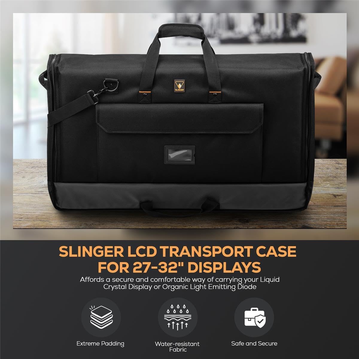 SLINGER Foldable Padded Nylon Tote Carrying Case - LCD Transport Case for Displays, Computers, Monitors & TVs Between 27" - 32" - Water Resistant - Shoulder Strap & Handle Options
