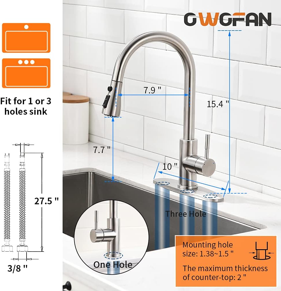 OWOFAN Brushed Nickel Kitchen Faucets Pull Down Sprayer Kitchen Sink Faucet Pull Out Sprayer 1 Hole 1 Handle Stainless Steel 68R-866068SN