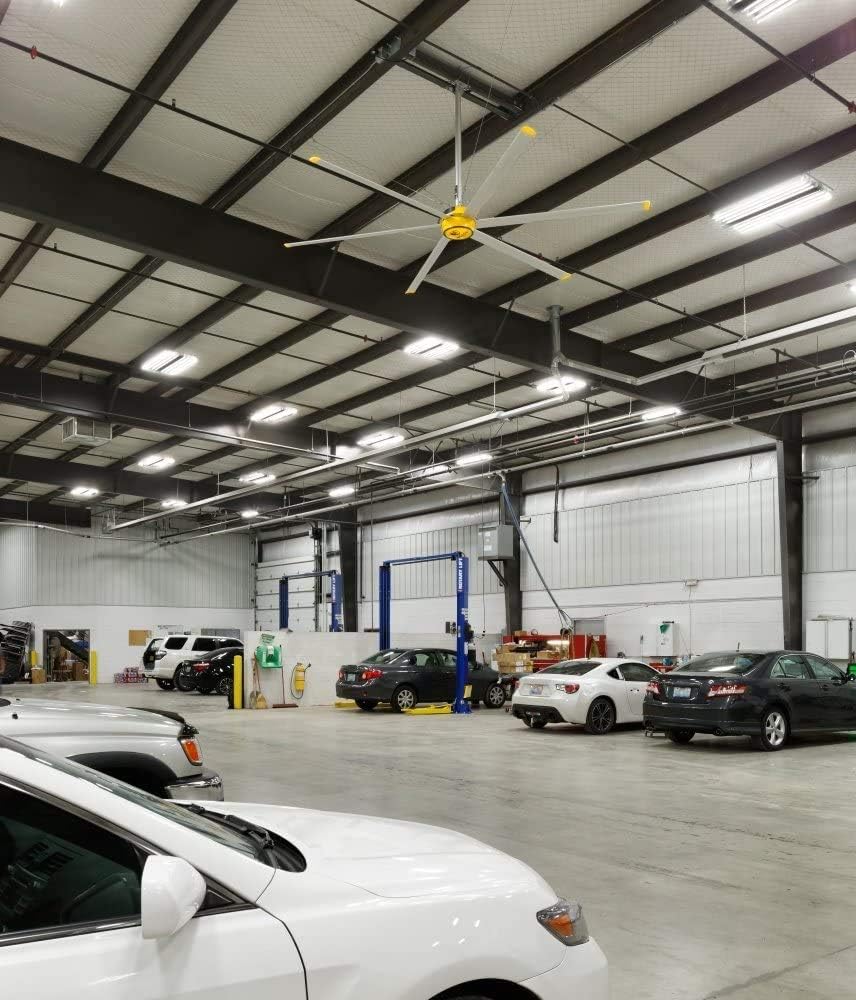 Big Ass Fans E Series 12 ft Industrial 6 Blade Ceiling Fan Gearless Direct Drive Motor, High Volume Low Speed, Wired Wall Remote, 110-125V/1ph - Silver/Yellow