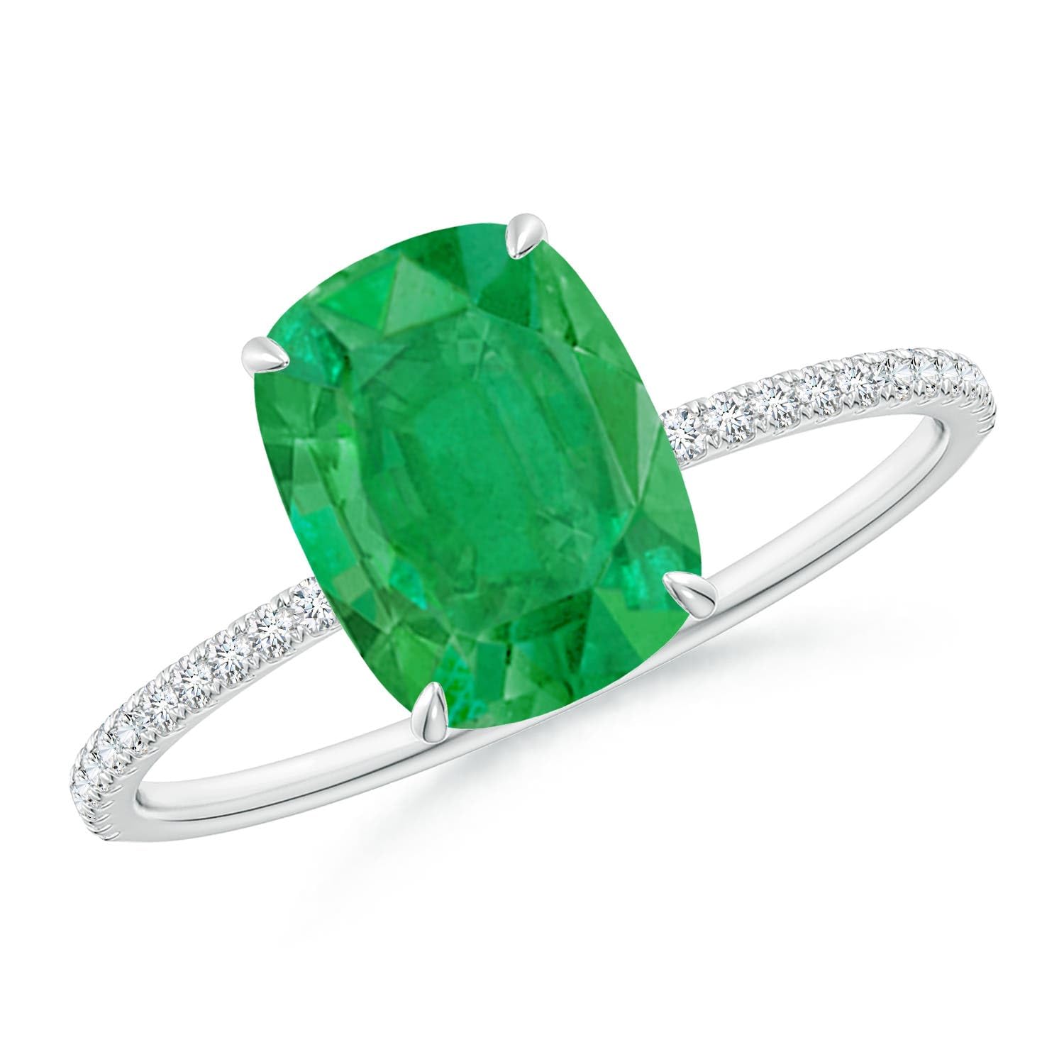 Angara Natural Emerald Ring for Women | Thin Shank Cushion Emerald Ring with Diamond Accents in 14K Solid Gold | May Birthday, Anniversary, Gemstone Jewellery Gift