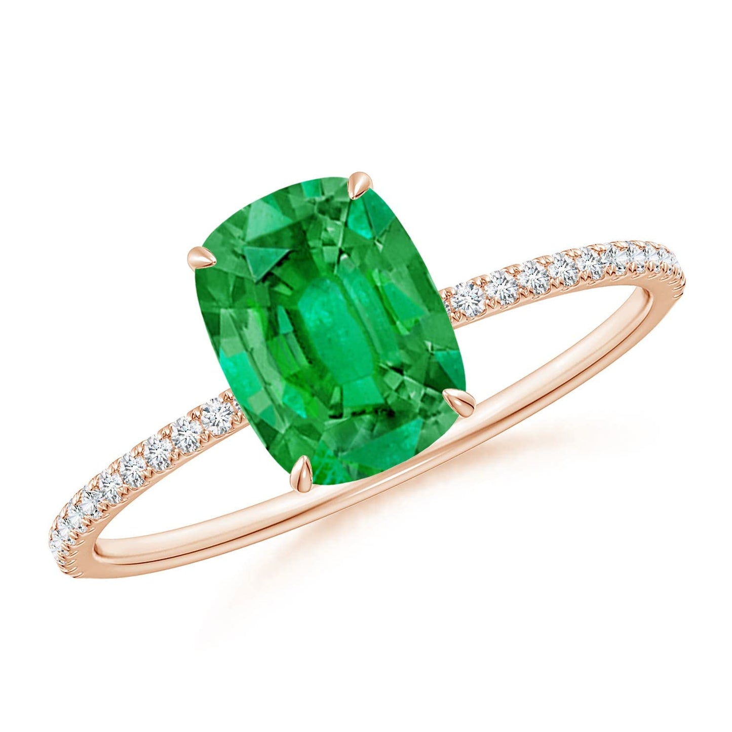Angara Natural Emerald Ring for Women | Thin Shank Cushion Emerald Ring with Diamond Accents in 14K Solid Gold | May Birthday, Anniversary, Gemstone Jewellery Gift