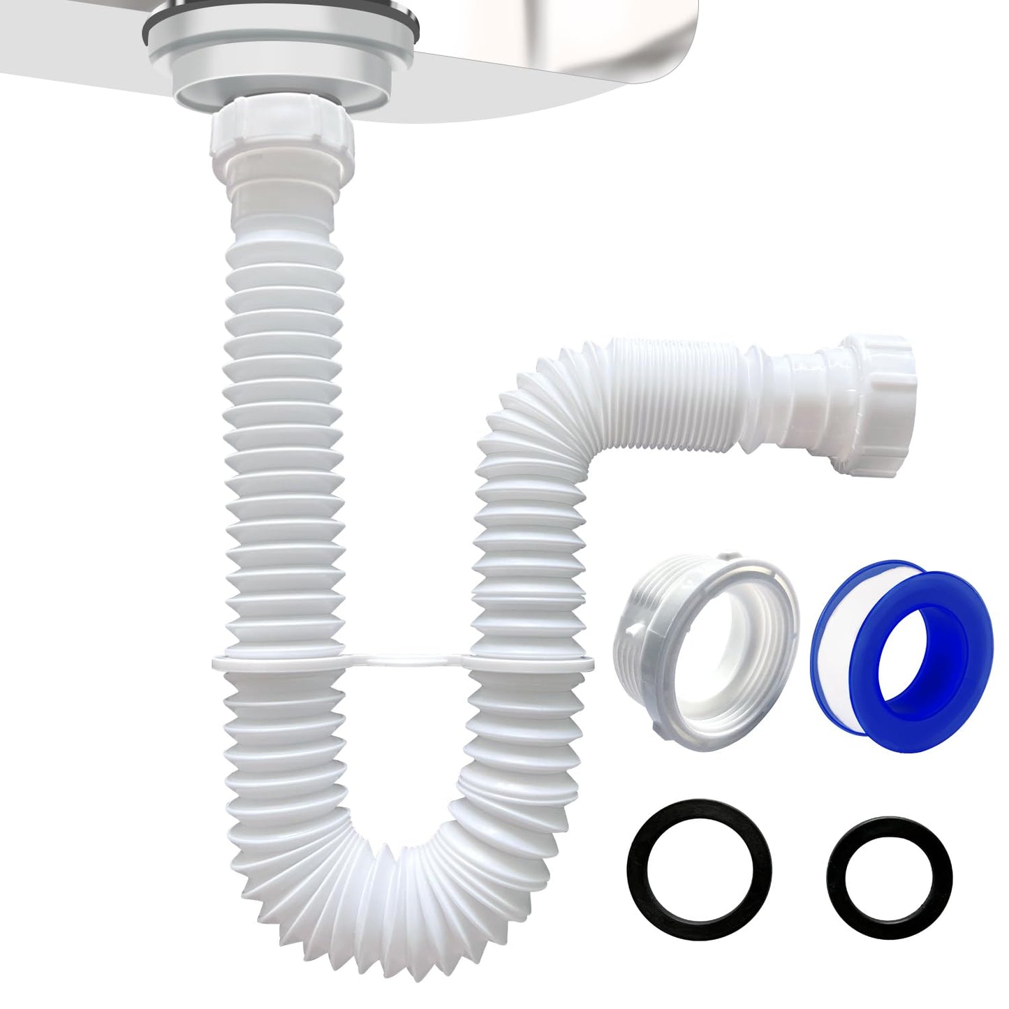 VIVIDA 1-1/2" Sink Drain Pipe Kit, Flexible Drain Pipe P Trap, 7.5"-17.7" Flexible P Trap, Under Sink Plumbing for Bathroom & Kitchen, 1-1/4" Adapter Included, 1 PACK